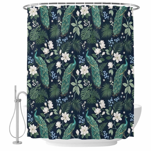 Green Peacock Shower Curtain Set - Long 72" x 84" Washable Bathtub Curtain with 12 Hooks, Summer Tropical Plants Flowers Palm Leaves Waterproof Fabric Stall Shower Curtains for Bathroom Décor