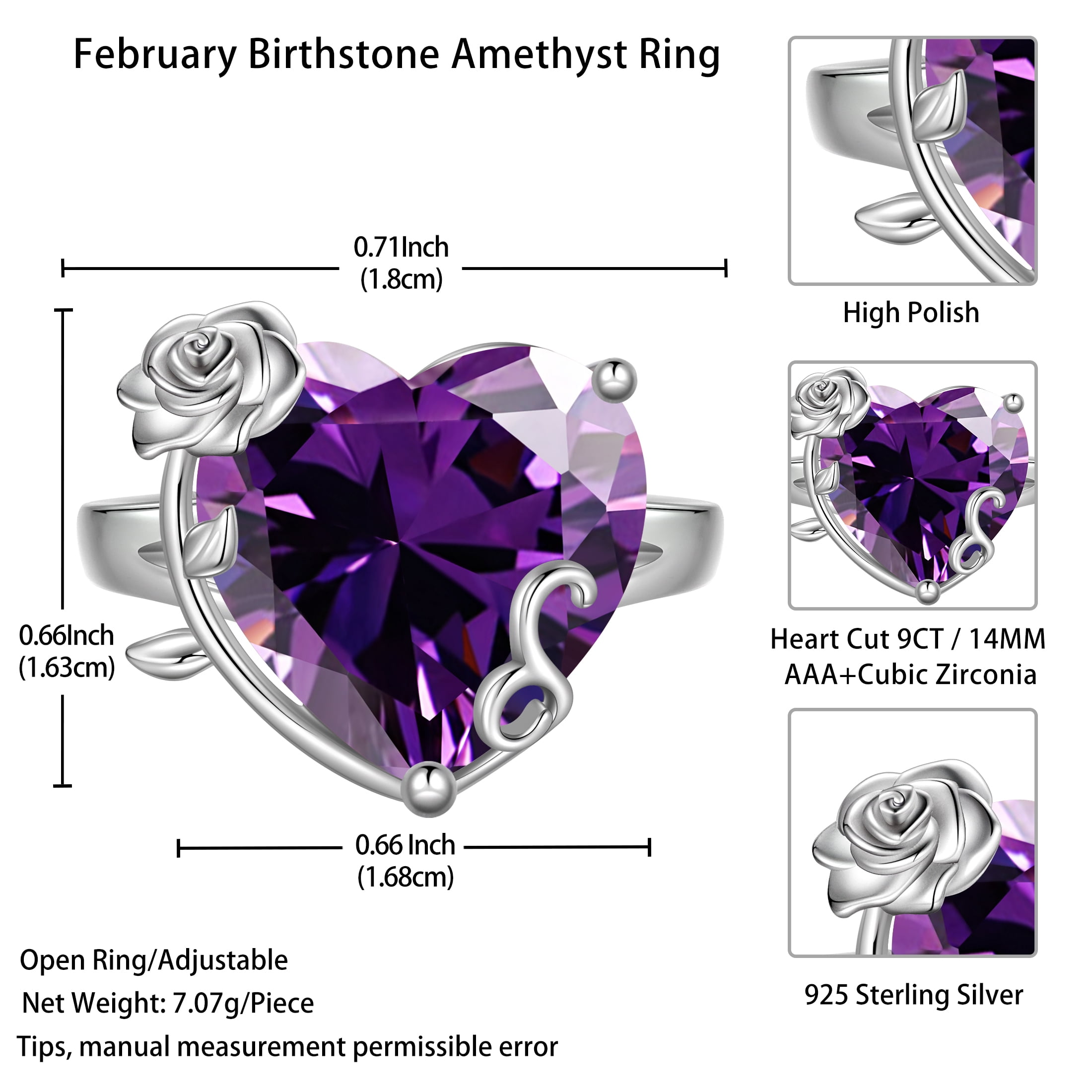 Juwaliy 9Ct Women Heart Ring 925 Sterling Silver Rose Flower February Birthstone Amethyst Purple Solitaire Ring Jewelry Girlfriend Valentine's Day Gift