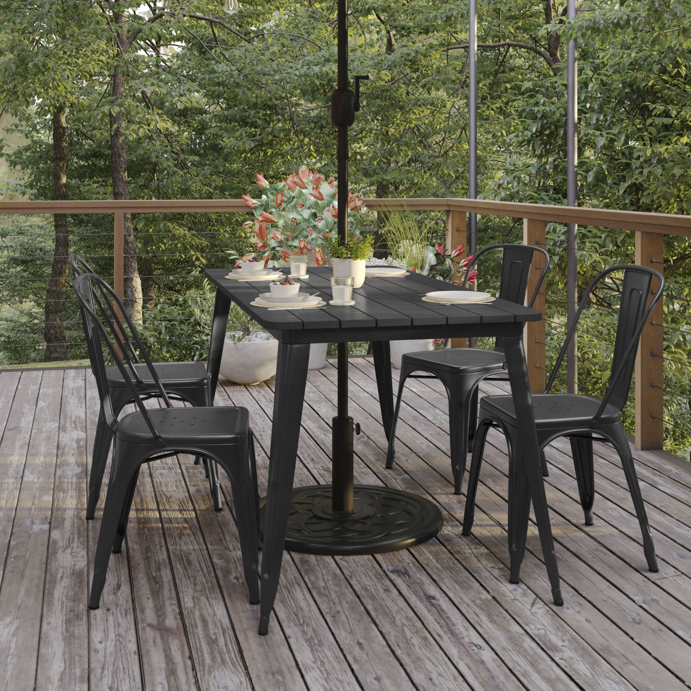 Flash Furniture Declan Commercial Indoor/Outdoor Dining Table with Umbrella Hole, 30" x 60" All Weather Black Poly Resin Top and Black Steel Base