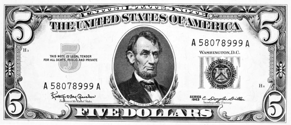 Five Dollar Bill. /Npresident Abraham Lincoln On The Front Of A U.S