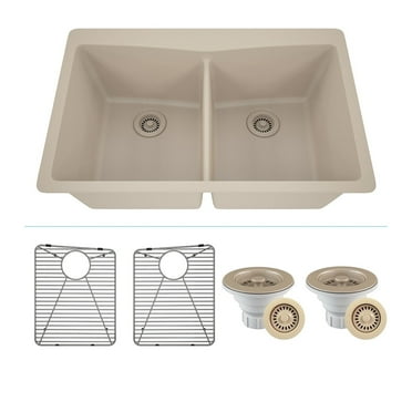 33" x 22" Quartz Kitchen Sink, Double Bowl Sink, Drop-in Sink, Undermount Sink, Granite Kitchen Sink, Galaxy Beige Kitchen Sink, with Grids, Basket Strainer and Flange Lexicon Platinum LP-800TM-B