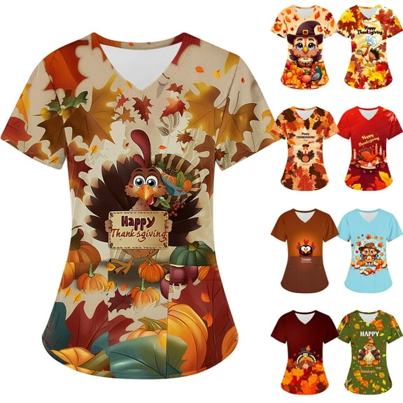 Feancey Women's Scrubs Tops Thanksgiving Turkey Print Nursing Scrubs Nurse Short Sleeve V Neck Funny Tees Holiday Casual Working T-Shirts with Pockets Multicolor M