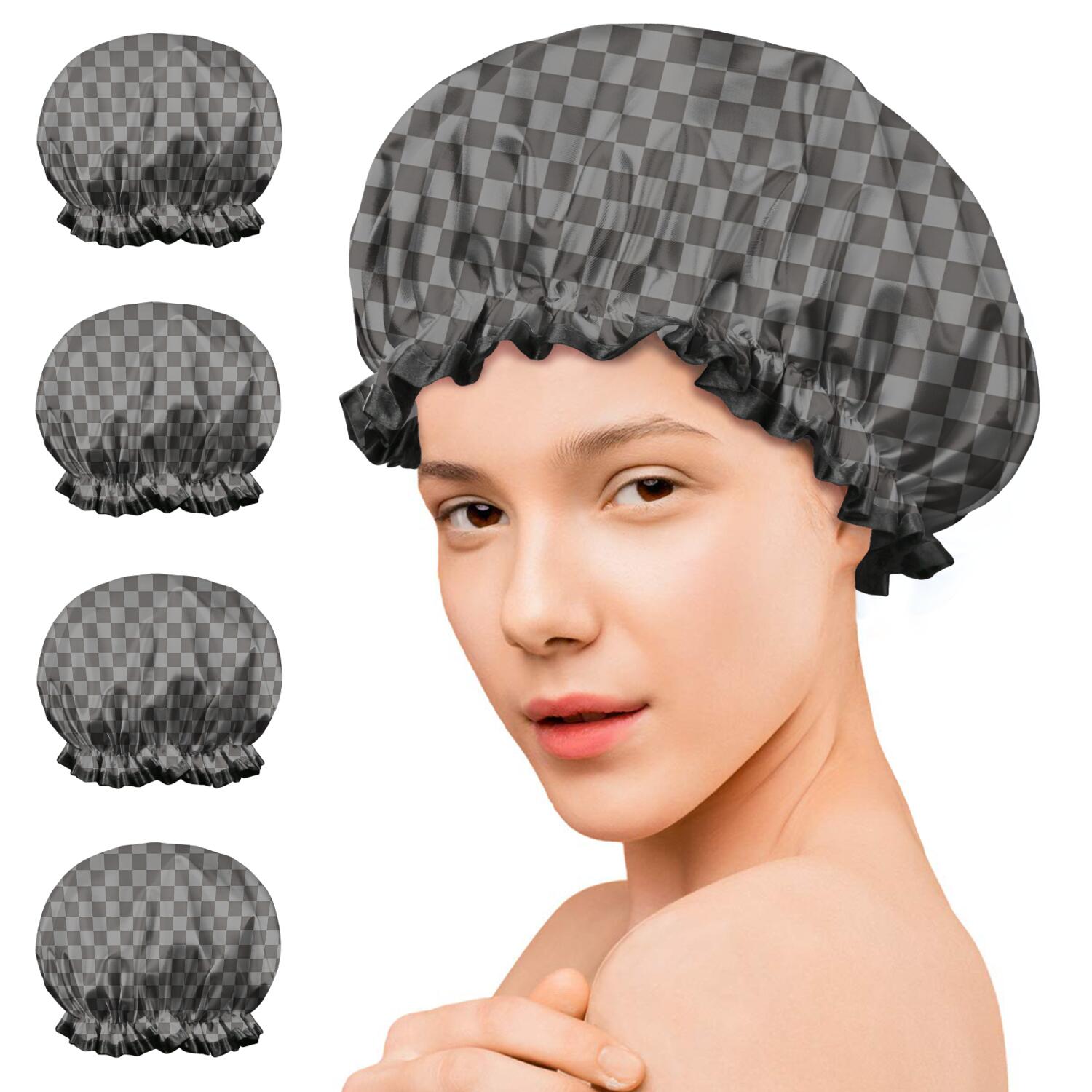 Shower Caps,Gray and Black Checkerboard Pattern Waterproof Shower Cap for Women 4 Pieces,Double Reusable Hair Cover for Shower PEVA Elastic Stretch Hem