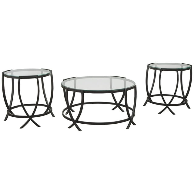 Signature Design by Ashley Tarrin Ensemble Contemporain de Table Ronde 3 Pcs avec Dessus en Verre, Comprend une Table Basse et 2 Tables d'Appoint, Noir