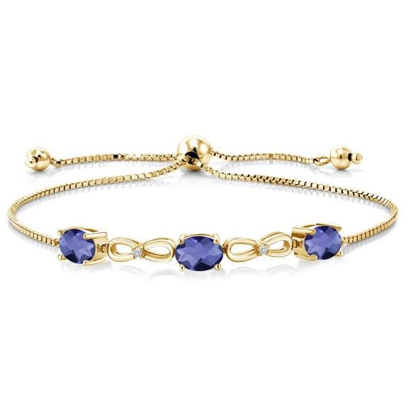 Gem Stone King 1.97 Ct Oval Checkerboard Blue Iolite E-F Lab Grown Diamond 18K Yellow Gold Plated Silver Bracelet for Women