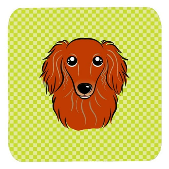 3.5 x 3.5 In. Checkerboard Lime Green Longhair Red Dachshund Foam Coasters, Set Of 4