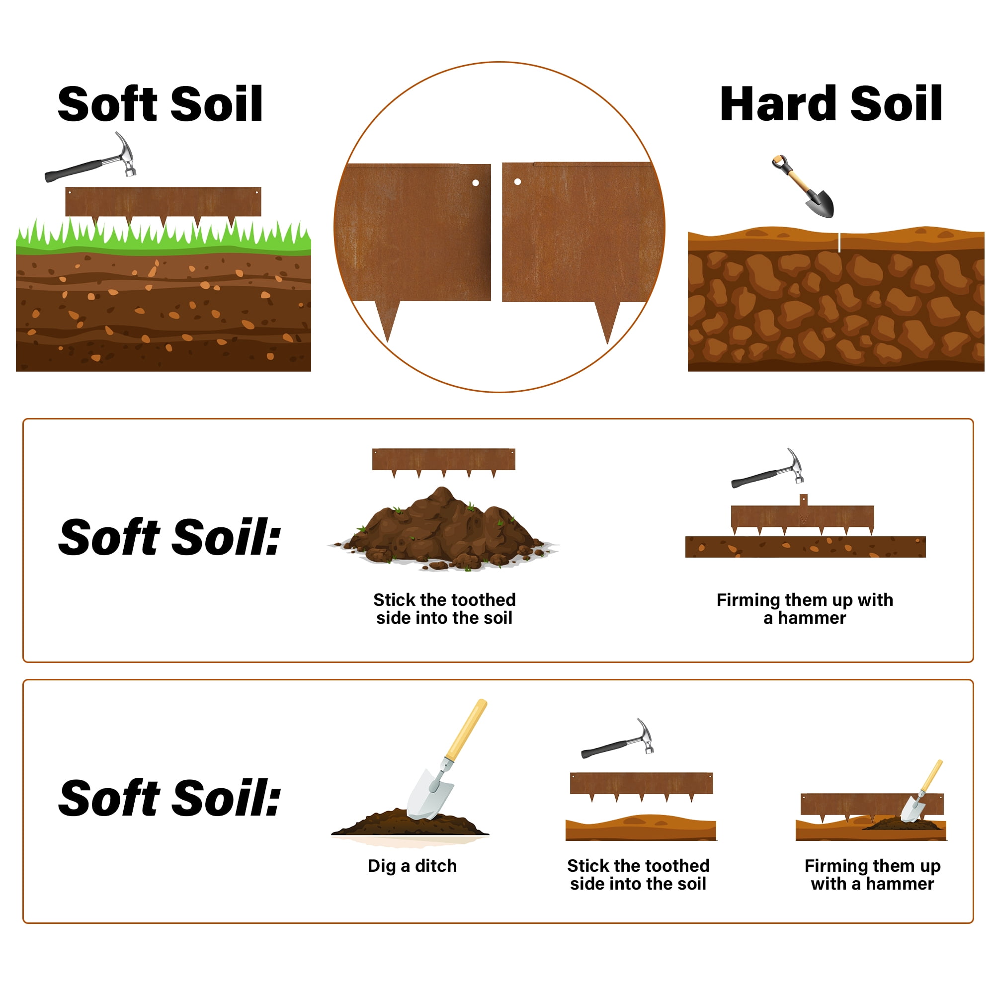 Rusty DIY Garden Edging for Landscaping Flower Bed Strips Corten Steel Metal Landscape Fence Borders Lawn Edge Divider Stakes Grass Plant Yard Outdoor Decorative No Dig Hammer-in, 6 Inches