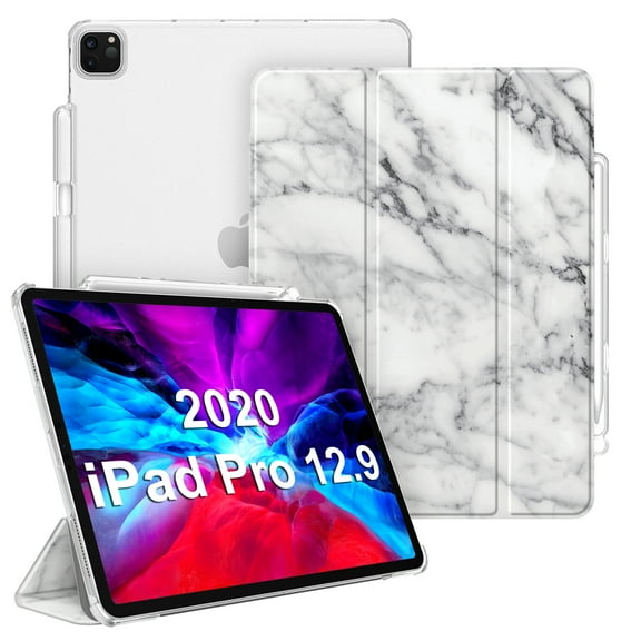 Fintie Translucent Case for iPad Pro 12.9" 4th & 3rd Generation 2020/2018 with Pencil Holder - Lightweight Cover SlimShell Frosted Stand Hard Back, Auto Wake/Sleep, Marble White