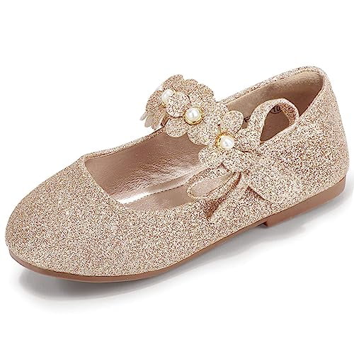 PANDANINJIA Toddler Girls Dress Shoes Flower Girl Flats Pearls Bow Mary Jane Wedding Party Gold Shoes Flora Size 6