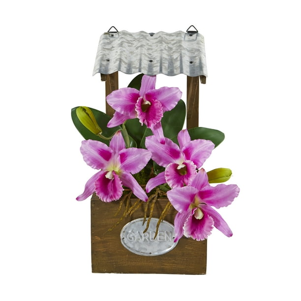 Nearly Natural 14in Cattleya Orchid Artificial Arrangement In Tin Roof Planter Walmart Com Walmart Com