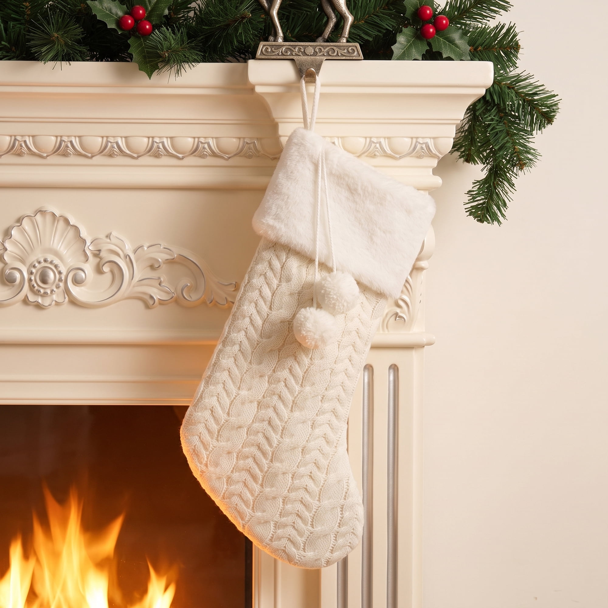 Unique Bargains Pom-Poms Stocking Luxury Knitted Sock White 16"