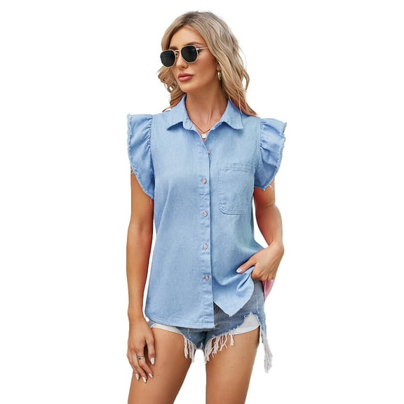 Chenyin Summer Washed Denim Shirt for Women's Single Breasted Blouses Tops Womens Light Fly Sleeve Shirt Size S-XL