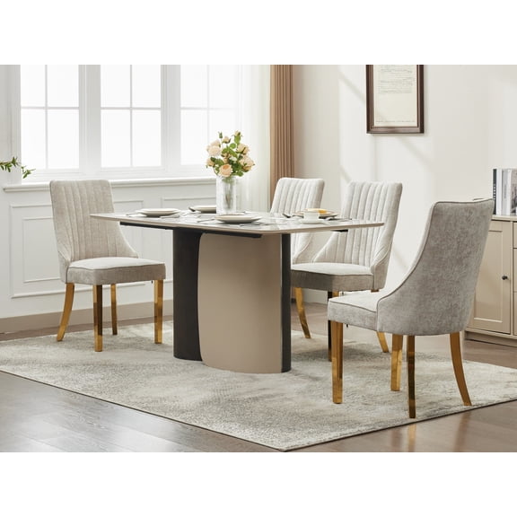 Dining Chairs Set of 2, Rayon Flocking Upholstered Chairs with High Backrest & Curved Solid Wood Legs, Beige.