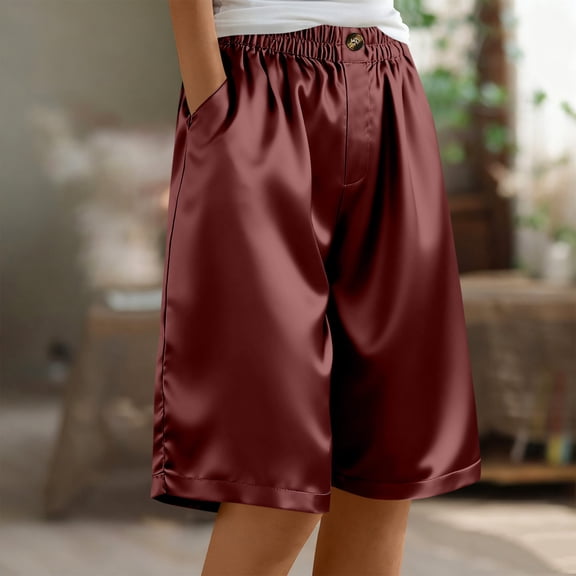 Antqov Shorts for Women, Solid Color Satin Elastic Waist Loose Fitting Button Shorts with Pockets, Daily Office Dress Shorts Casual Summer Cropped Pants