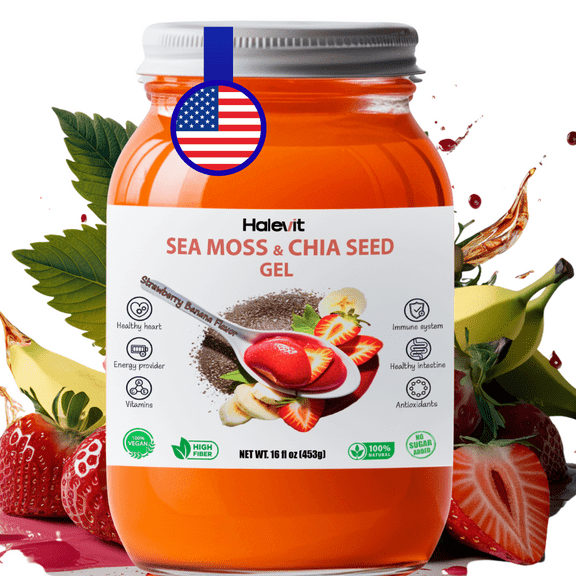 Halevit Wildcrafted Irish Sea Moss Gel | Sea Moss, Chia Seeds, Strawberry, Banana | 16 Oz| Made in USA | 1-Pack