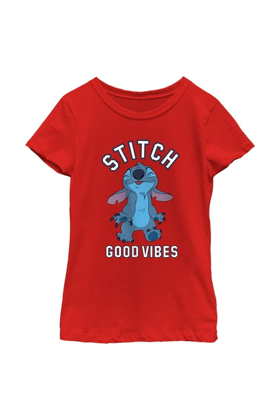Girl's Lilo & Stitch Good Vibes Happy Stitch Graphic Tee Red Large