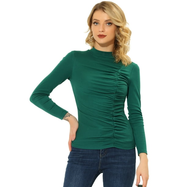 INSPIRE CHIC Blusa de punto de manga larga con cuello alto fruncido para mujer Verde XS