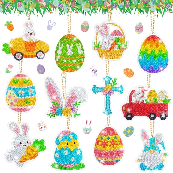 44pcs Easter Eggs Diamond Painting Keychain, Bunny Egg Ornament Decoration Easter Diamond Painting Keychain for Easter Party Decorations Easter Day Decorations