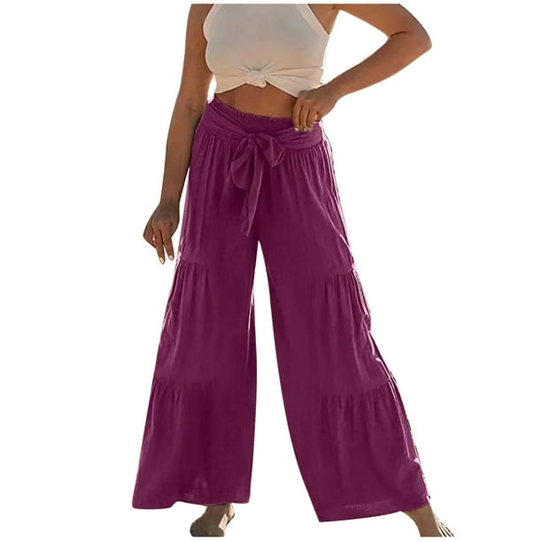 Pantalones de pierna ancha para mujer Moda Casual Cintura alta Cintura elástica Correas con cordón Color sólido Volantes Pantalones largos Odeerbi ODB-5