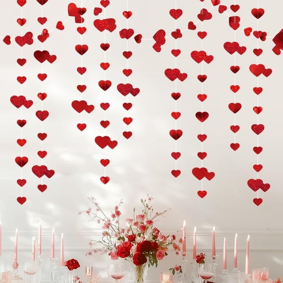 4Pcs 52Ft Red Love Heart Metallic Glitter Hanging Garlands Streamers for Valentines Day Wedding Anniversary Bridal Shower Engagement Mothers Day Bachelorette Winter Romantic Party Decorations Supplie