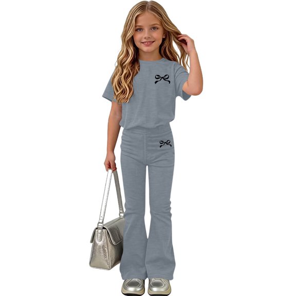 ATOGUTA Girl Two Piece Outfits Sets Kids Short Sleeve T-Shirts and Elastic Waist Flared Pants Size 5T-15 Kids Casual Playwear Gray