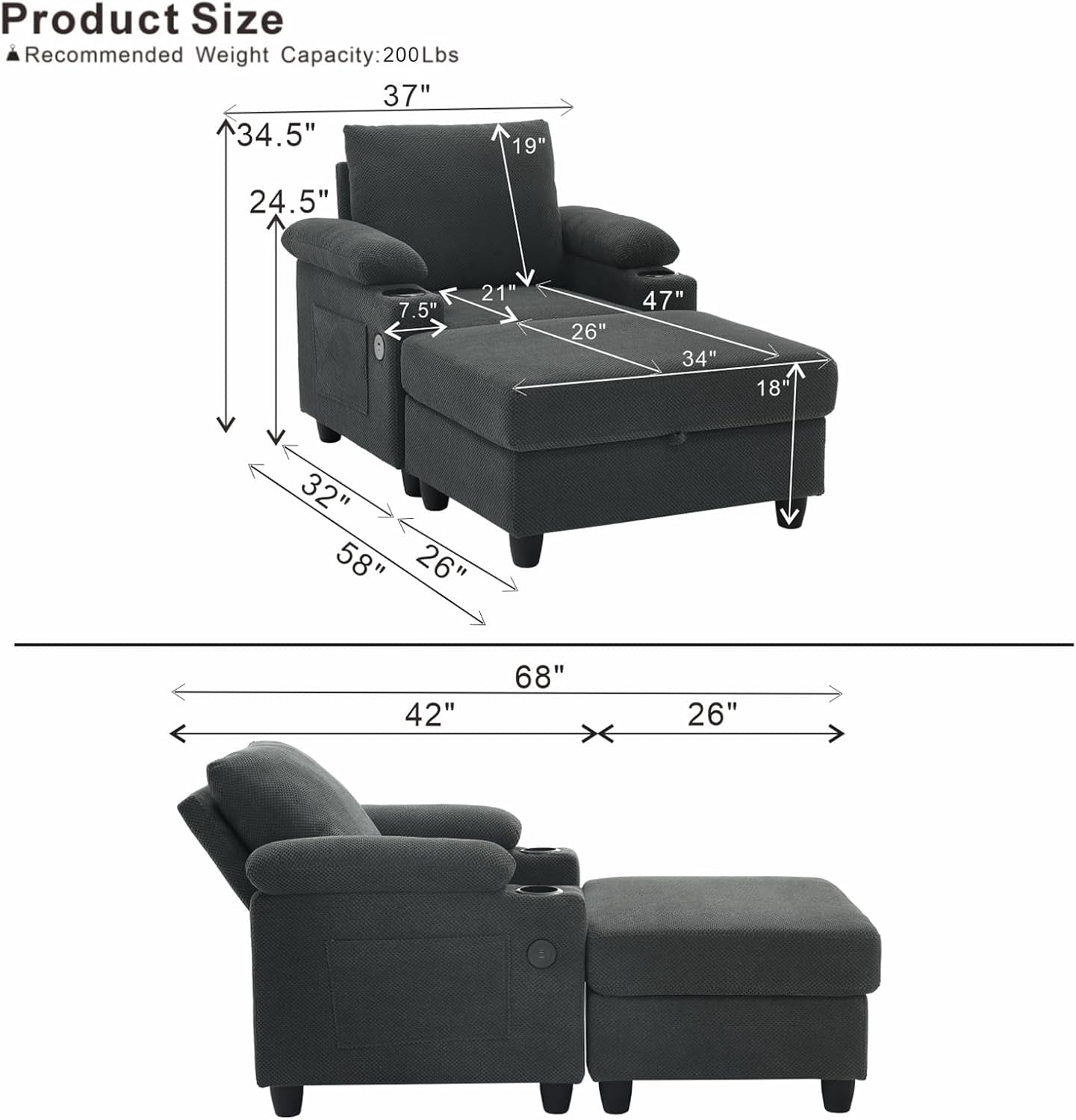MOONMISS Chaise Lounge Chair Indoor, Convertible Recliner Reading Sofa Chair, Coffee | Cup Holders, USB Port, Adjustable Backrest, Storage Ottoman for Living Room,Home Theater & Bedroom,Dark Gray