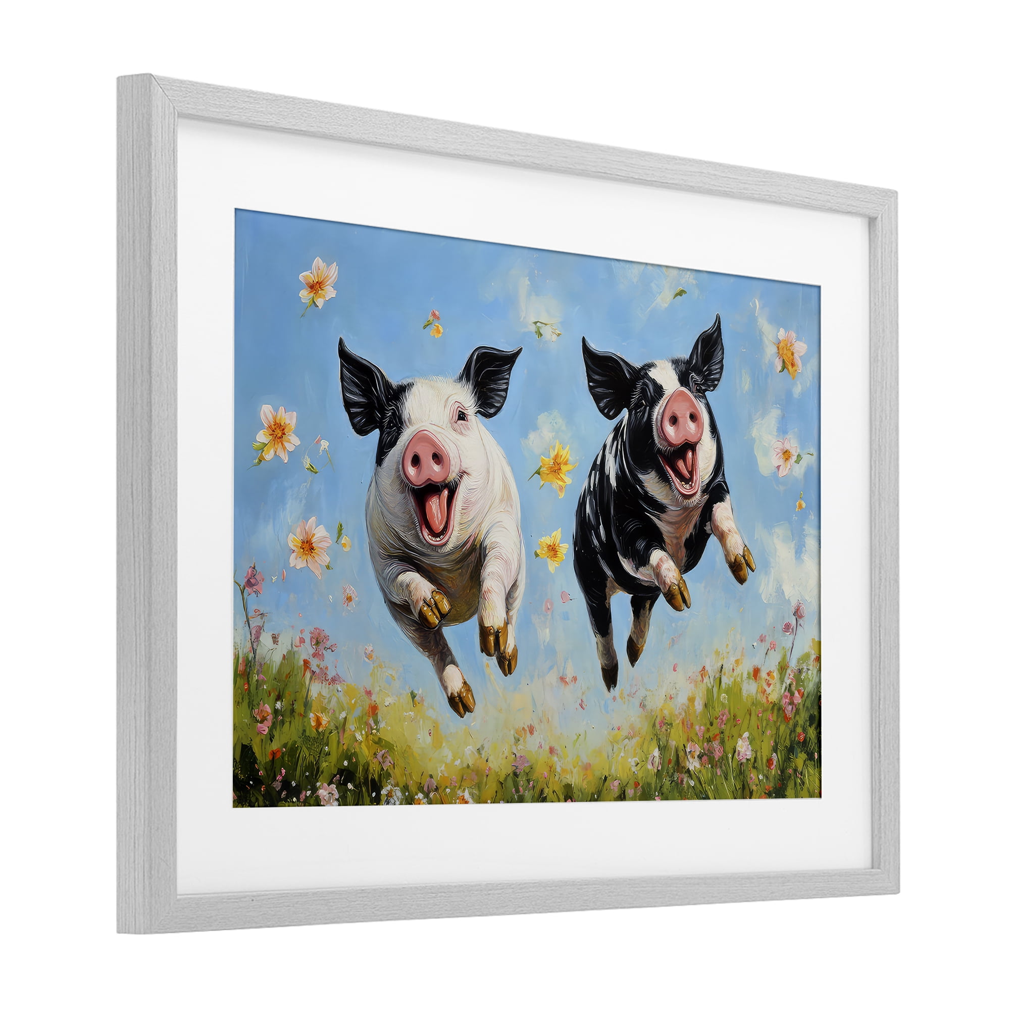 Stupell Industries Flying Pigs & Flowers Gray Framed Print Under Glass, design by The Wands Want