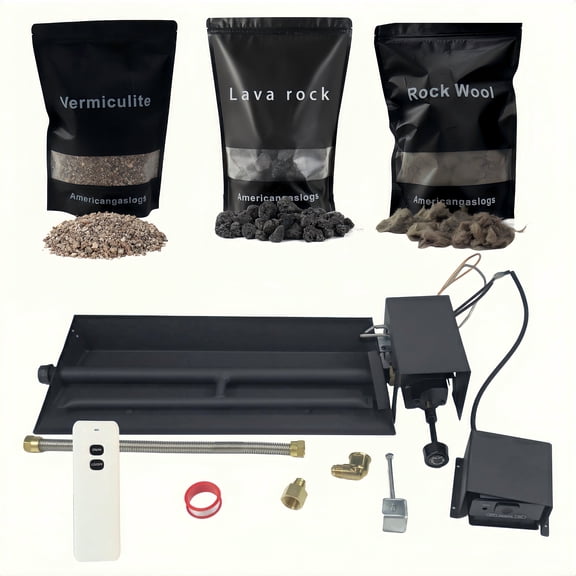 Americangaslogs 15–28 inch Vented Gas Logs Set with iron Burner Pan and Remote Control, Propane Natural Gas Fireplace Use (Motor Valve, 18 inch Two Pipe)
