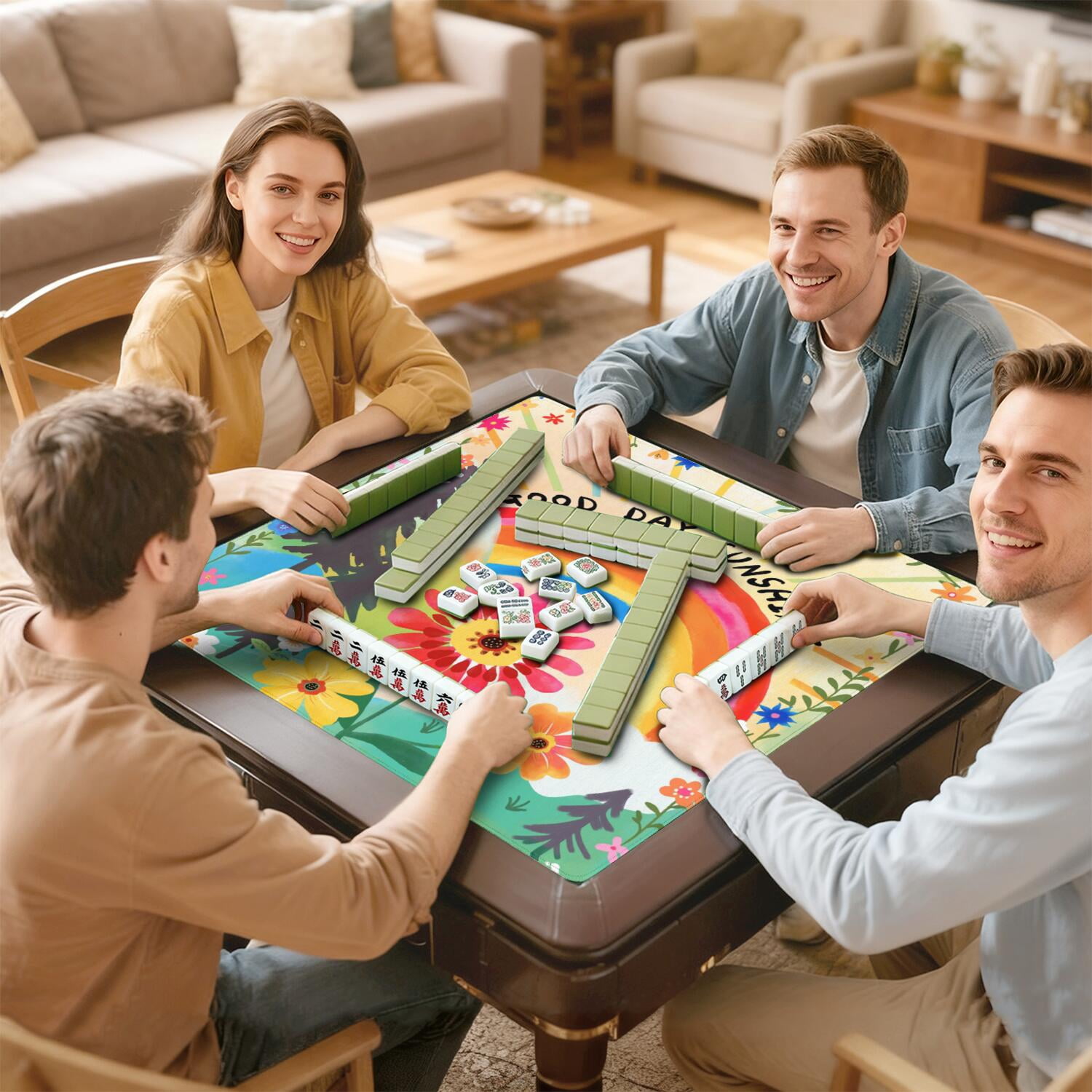 Traditional Boho Style Rubber Mahjong Table Cover 31.5x31.5 Inch Large Mat Features Non-Skid Bottom for Stability and Noise Reduction for Tiles and Games