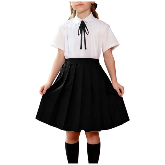 Girls Preppy Outfit Set Black: Pleated Skirt & Peter Pan Collar Top with Bow Tie | 3-15 Years | Machine Washable Polyester Spandex,Size 7-8 T