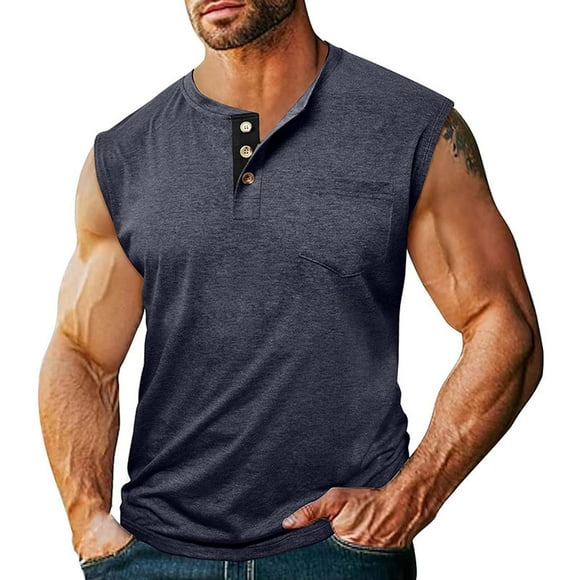 Jgppe Mens Button up Muscle Shirt Sleeveless Vintage Round Neck Tank Tops Summer Beach T Shirts for Men