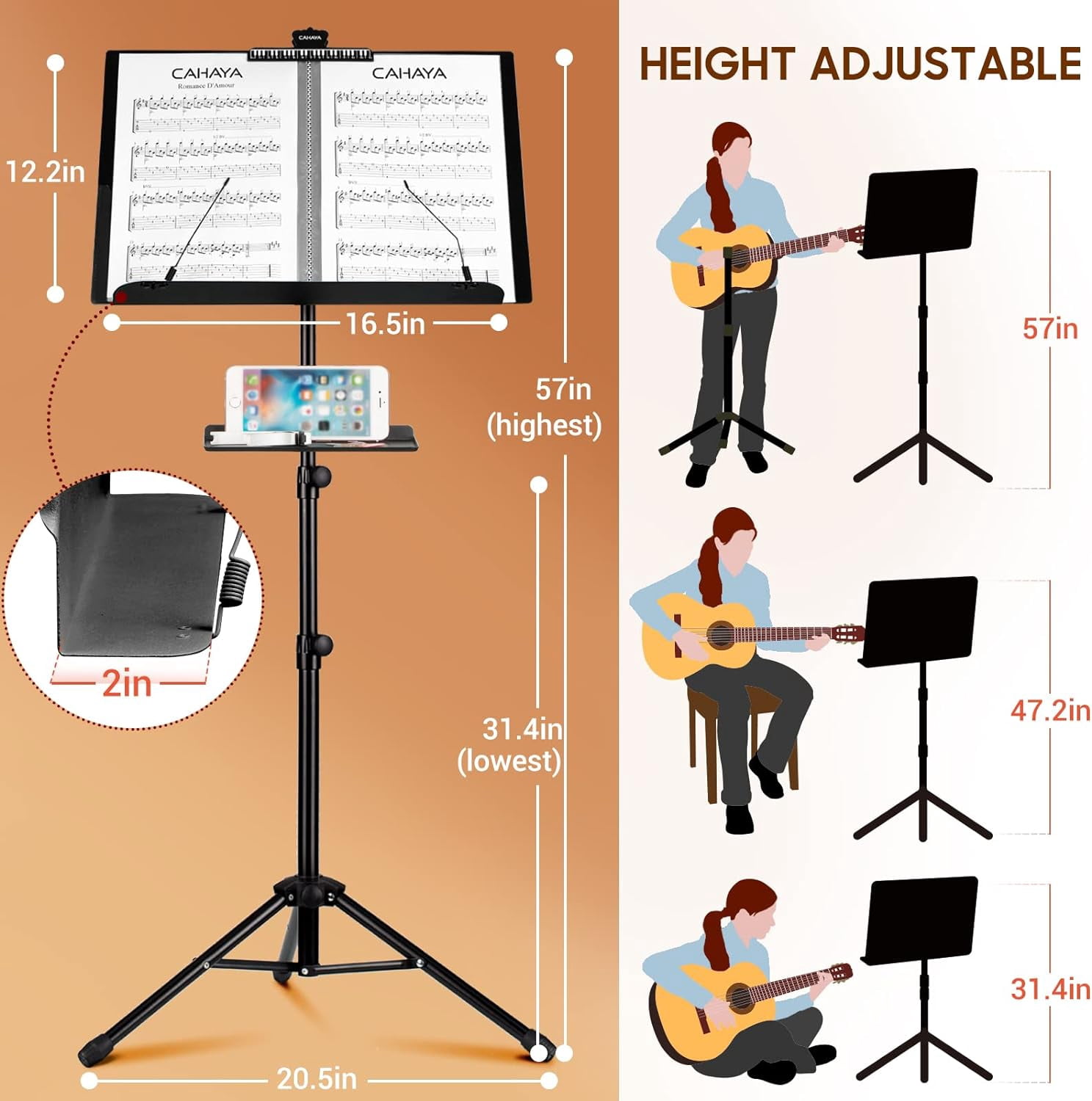 CAHAYA Dual Use Sheet Music Stand with Clamp-on Tray & Desktop Book Stand with Carrying Bag, Sheet Music Folder, Music Stand with Shelf, and Clip for Guitar, Ukulele, Violin Players CY0194+CY0320
