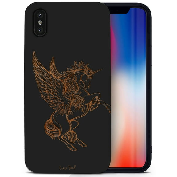 Case Yard Wooden Case for iPhone-X Soft TPU Silicone cover Slim Fit Shockproof Wood Protective Phone Cover for Girls Boys Men and Women Supports Wireless Charging Pegasus Design