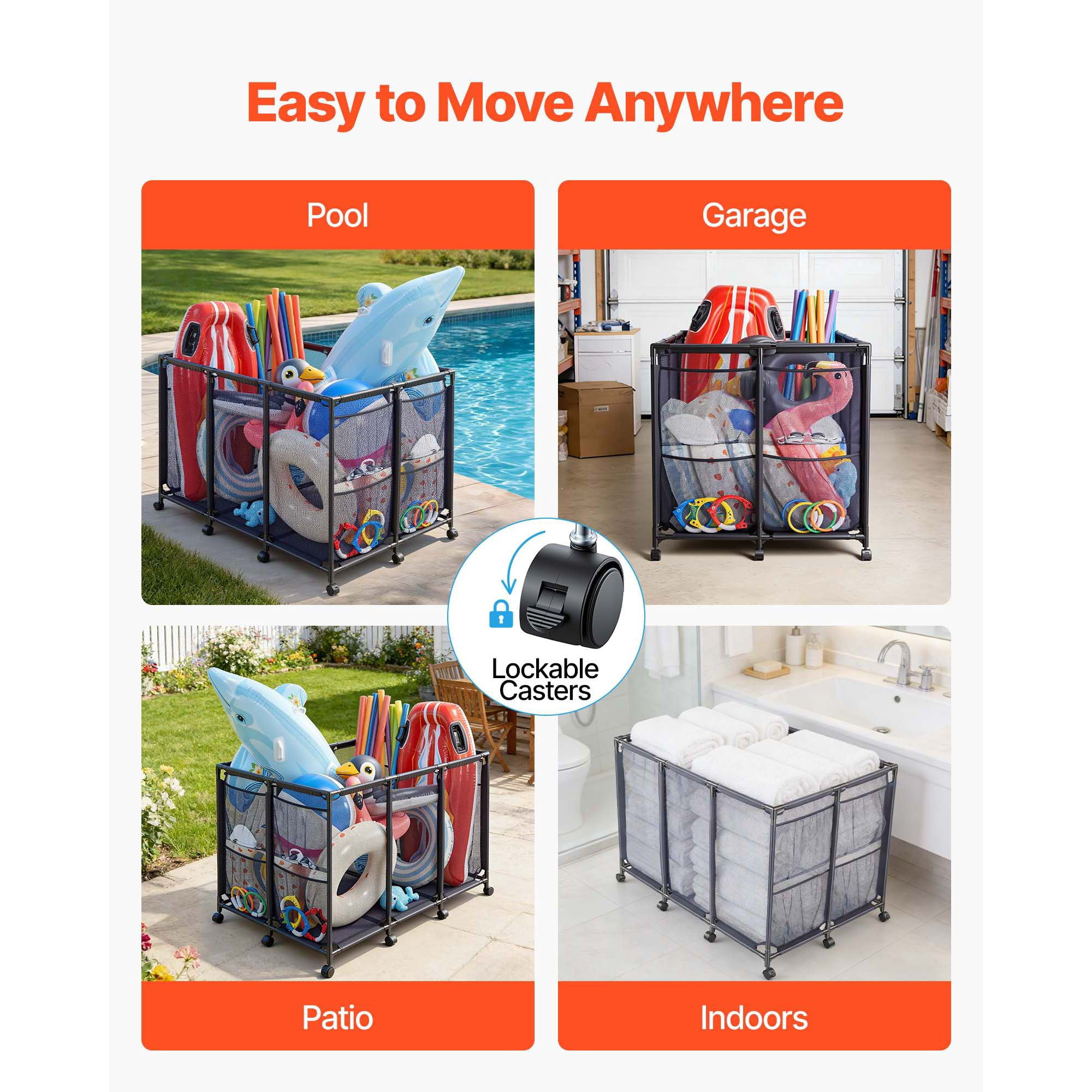 KFFKFF Pool Storage Bin, 48.8 x 32.7 x 32.7 in, Rolling Organizer with Side Pockets & Wheels, Durable Metal Frame, Poolside Toy and Noodle Holder with Mesh Basket for Swimming Areas