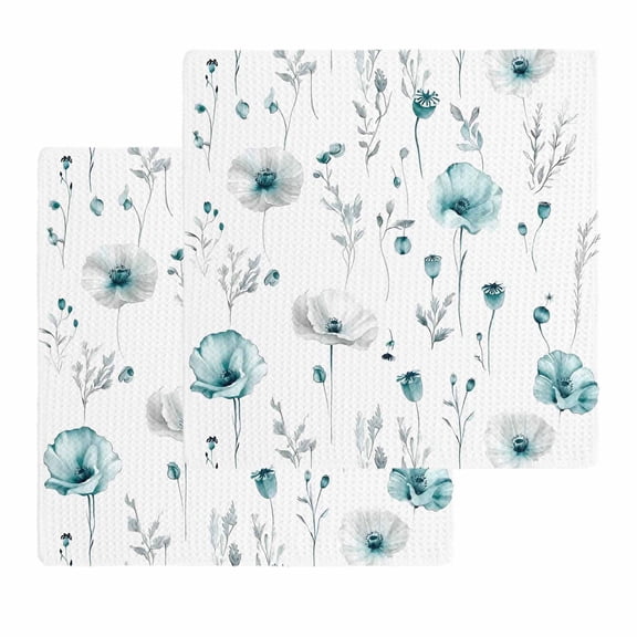 Turquoise Flowers Dish Towels Set, Waffle Weave Kitchen Towels 2 Pieces, Farmhouse Spring Botanical Floral Microfiber Hair Face Bath Tea Towel Absorbent Quick Drying Cleaning Dish Cloths, 12"x12"