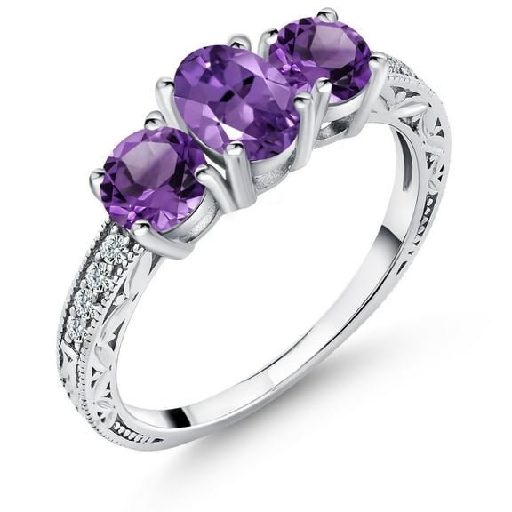 Gem Stone King 1.77 Cttw Purple Amethyst 3-Stone Engagement Ring for Women | 925 Sterling Silver | Gemstone Birthstone | Three Stone Wedding Engagement Anniversary Promise Ring for Women (Size 5)