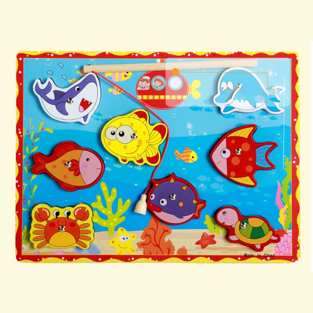 QXKE Wood Fishing Game Sea Creatures Board Playset Rod