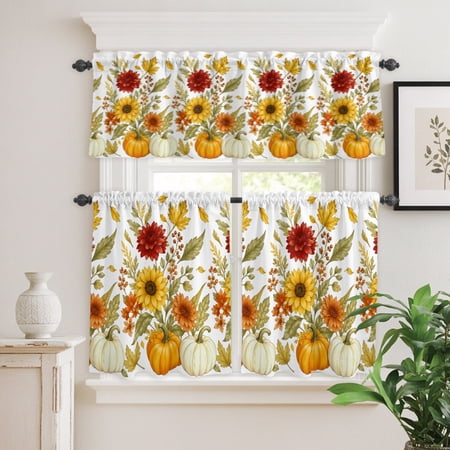Farm Watercolor Sunflowers Curtain Tier and Valance Set 3 Piece Autumn Thanksgiving Pumpkins 3-inch Rod Pocket Window Tier Curtains Valance for Kitchen Living Room