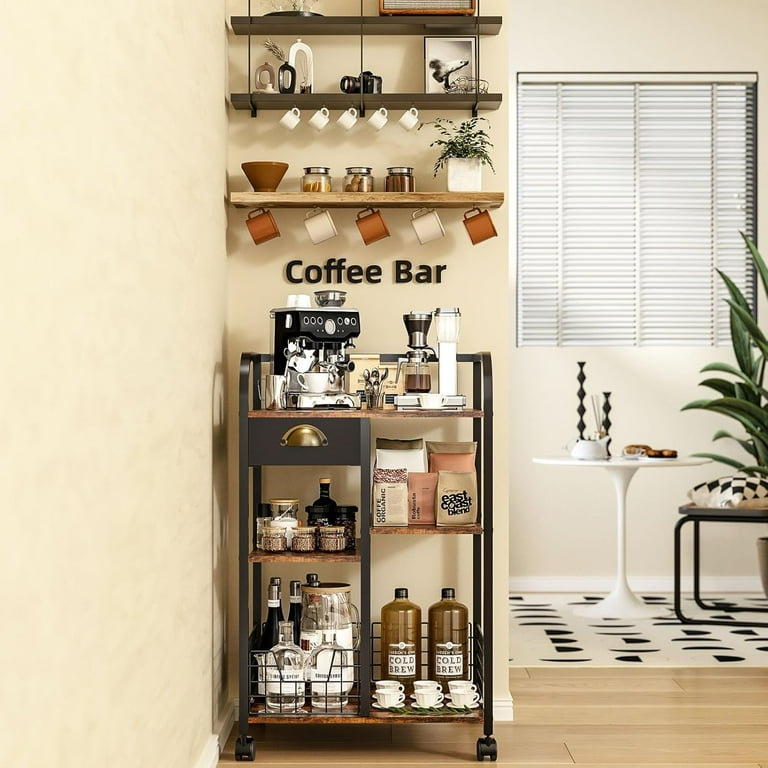 Coffee Bar with Wheels Mobile Coffee Table with Storage Drawer 4 Tier Adjustable Coffee Cart Rustic Wood Coffee bar Station for Kitchen