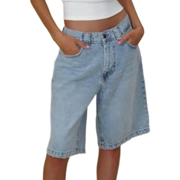 Women Baggy Denim Bermuda Shorts Y2k Vintage Straight Leg Casual Knee Length Jean Jorts with Pockets Light Blue S