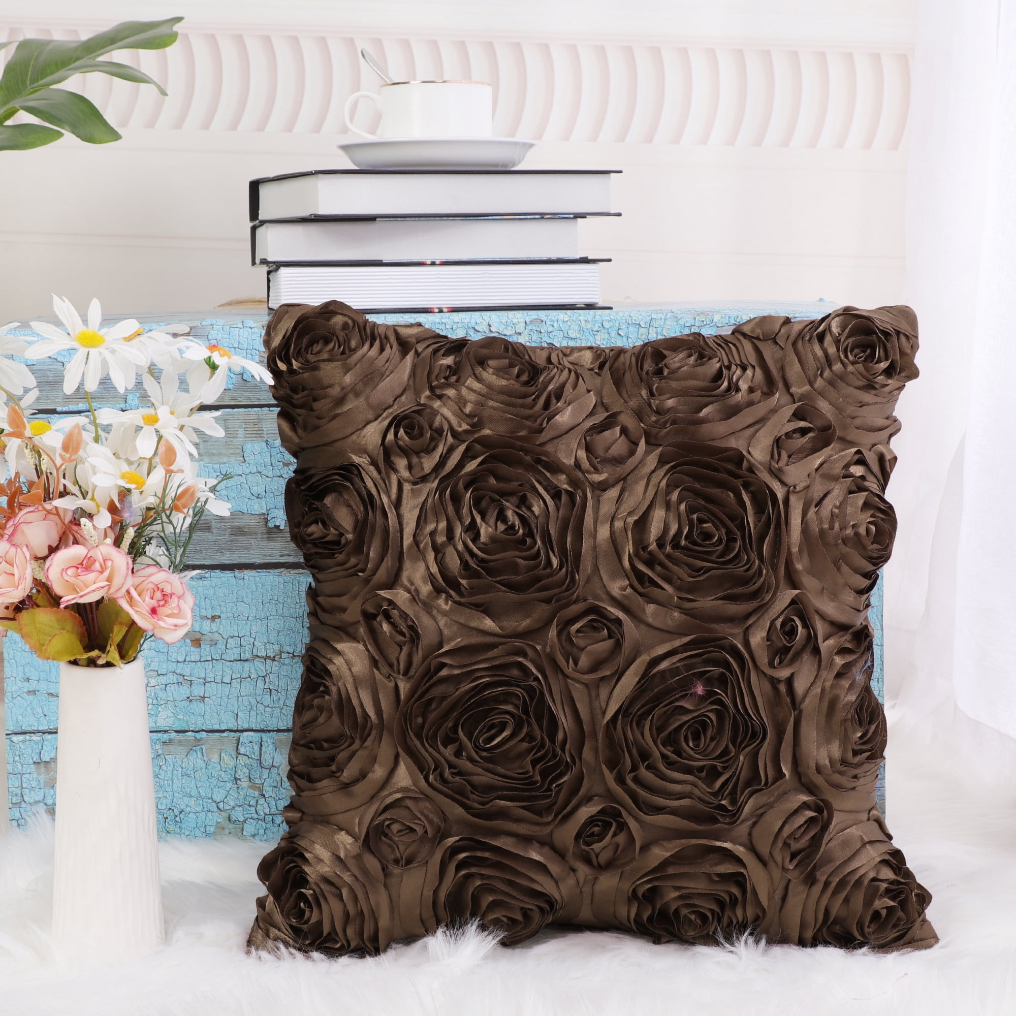 Unique Bargains 3D Flower Decorative Throw Pillow Cover 16" x 16" Coffee Color