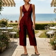 thumbnail image 2 of Cmfcve Cotton Blend Jumpsuits for Women Sleeveless Half Button Up Wide Leg Pants V Neck Loose Casual Capri Pants with Pockets, 2 of 7