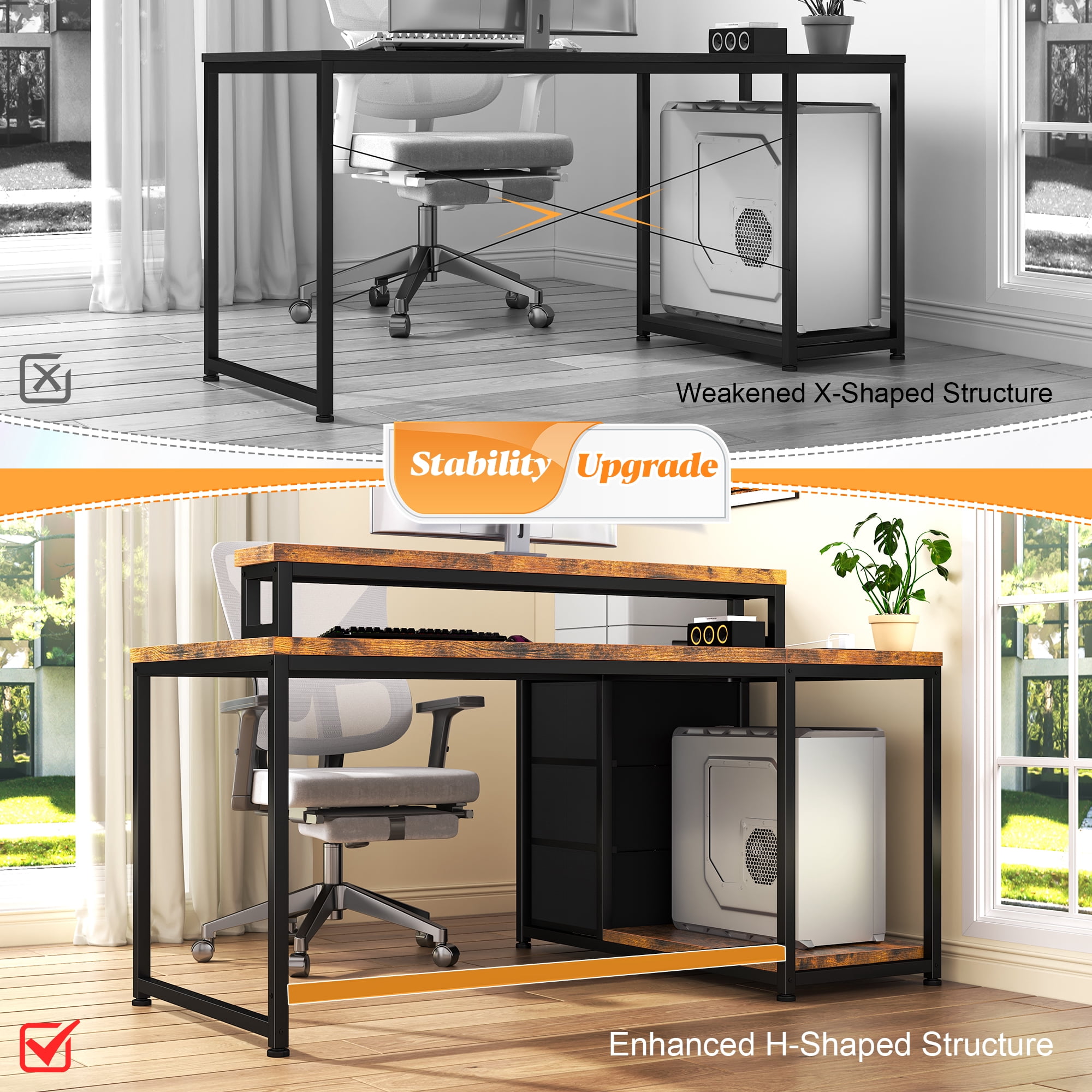 40"L Computer Desk l Shaped Gaming Desk with LED Lights & Power Outlet Desk with Drawers Reversible Corner Desk with Monitor Stand for Gaming Room,Home Office,Bedroom,Rustic Brown