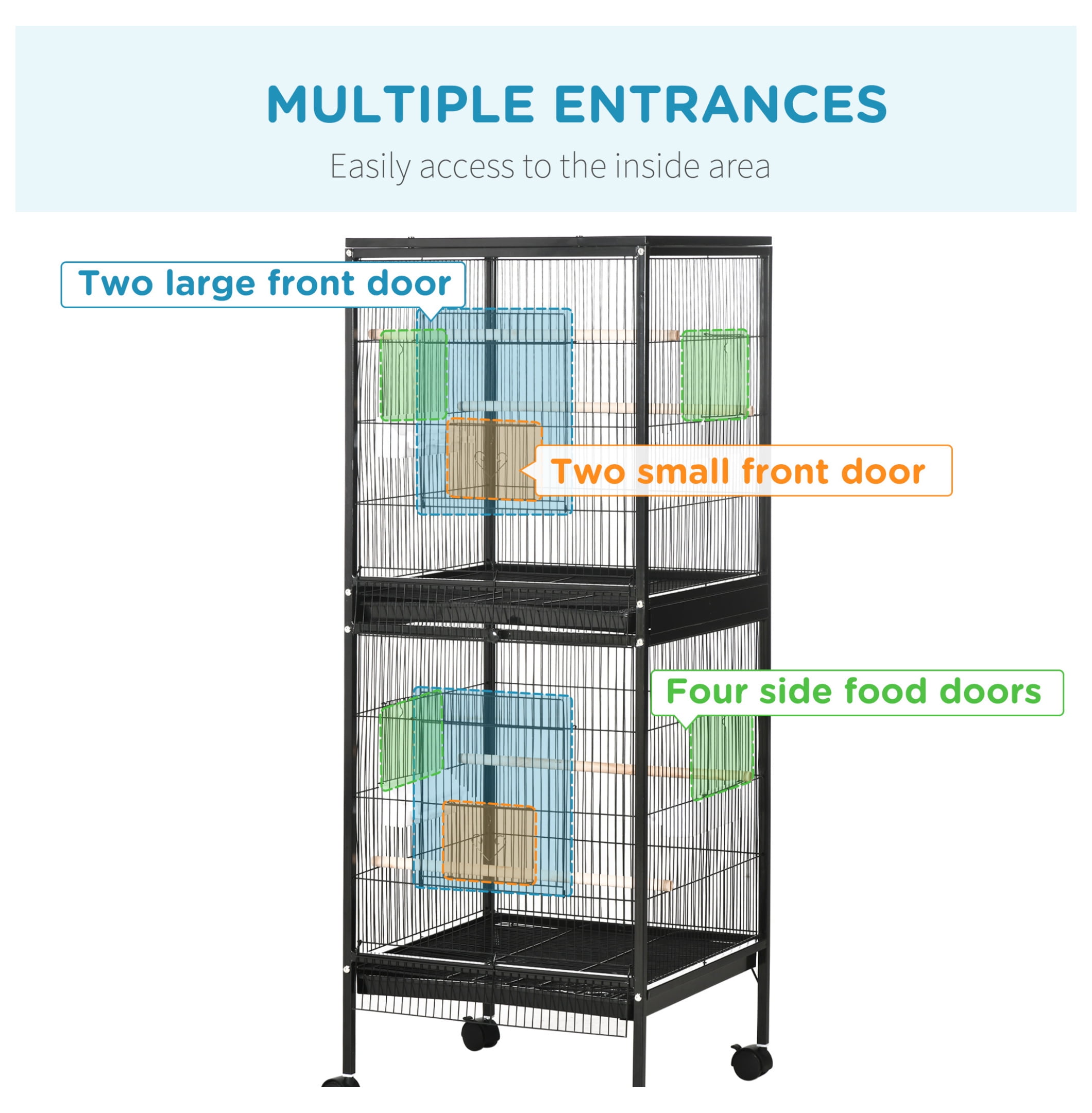 Large Bird Cage 55" with Wide 1.7ft Wingspan, Multi-Door Aviary for Canary, Finch, Conure - Black