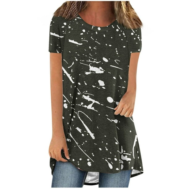 Tops Cortos para Mujeres Casual Impreso Delantero Corto Espalda Larga Manga Corta Raglan Cuello Redondo Superior