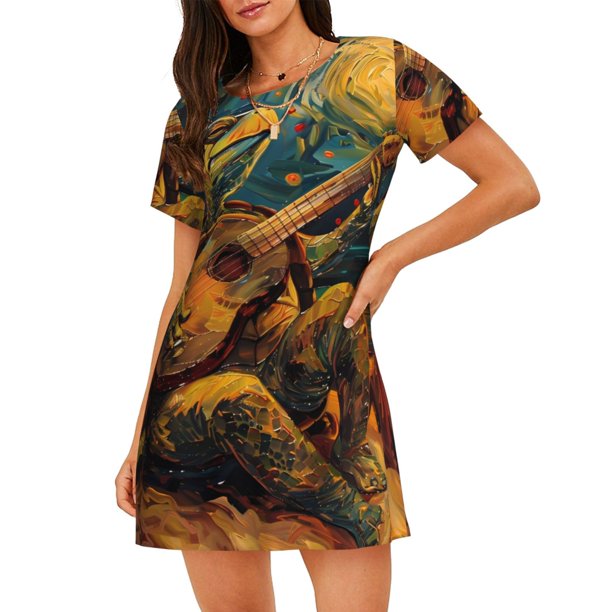 Balery Starry Night Guitar Turtle Camisón de manga corta con cuello redondo para mujer, cómodo y elegante.