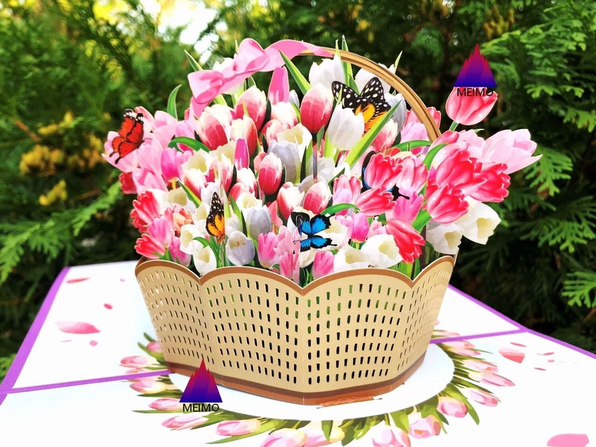 PURELY- 3D Pop Up Greeting Card Flowers Floral Tulips Nature Garden Plants Birthday Mom