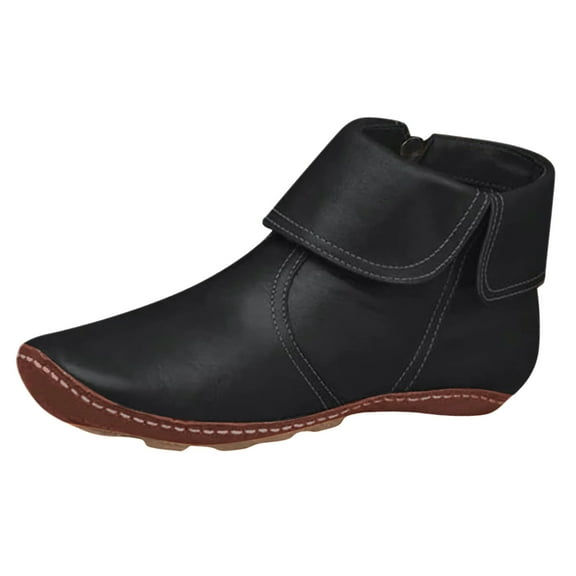 Work Ankle Boots for Women with Side Zipper Comfort Wide Toe Leather Non Slip Walking Short Booties Winter Fall Shoes Black Size 6.5