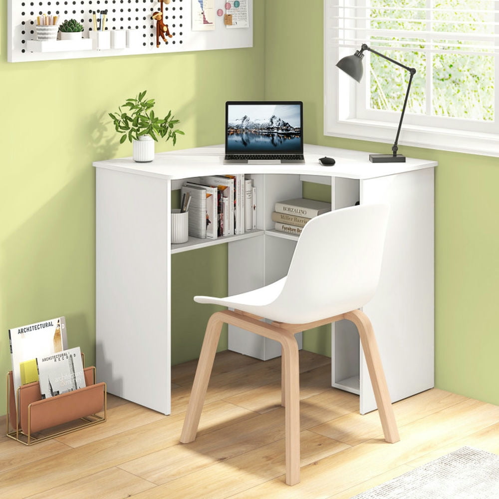 Demi Bonn Corner Computer Desk Triangle Home Office Desk with Adjustable Shelf and Arc-Shaped Profile, White