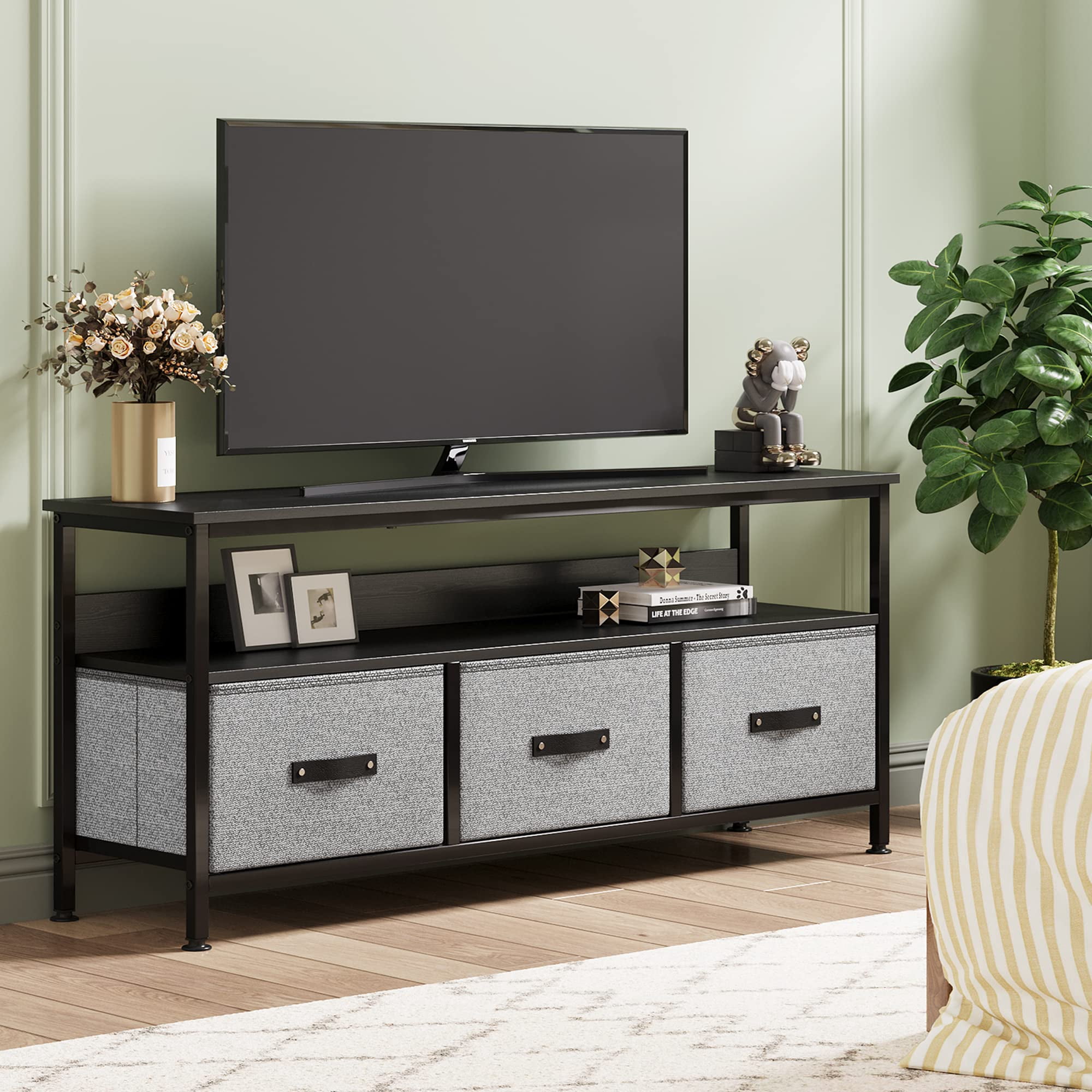 DSstyles Durable Television Stands, Metal Wood Grey, 47.3” x 11.8” x 22.5”